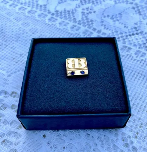 1/10 10k YLW Gold Terry Berry Pin W 2 Genuine Blue Sapphire Stones In Orgl. Box