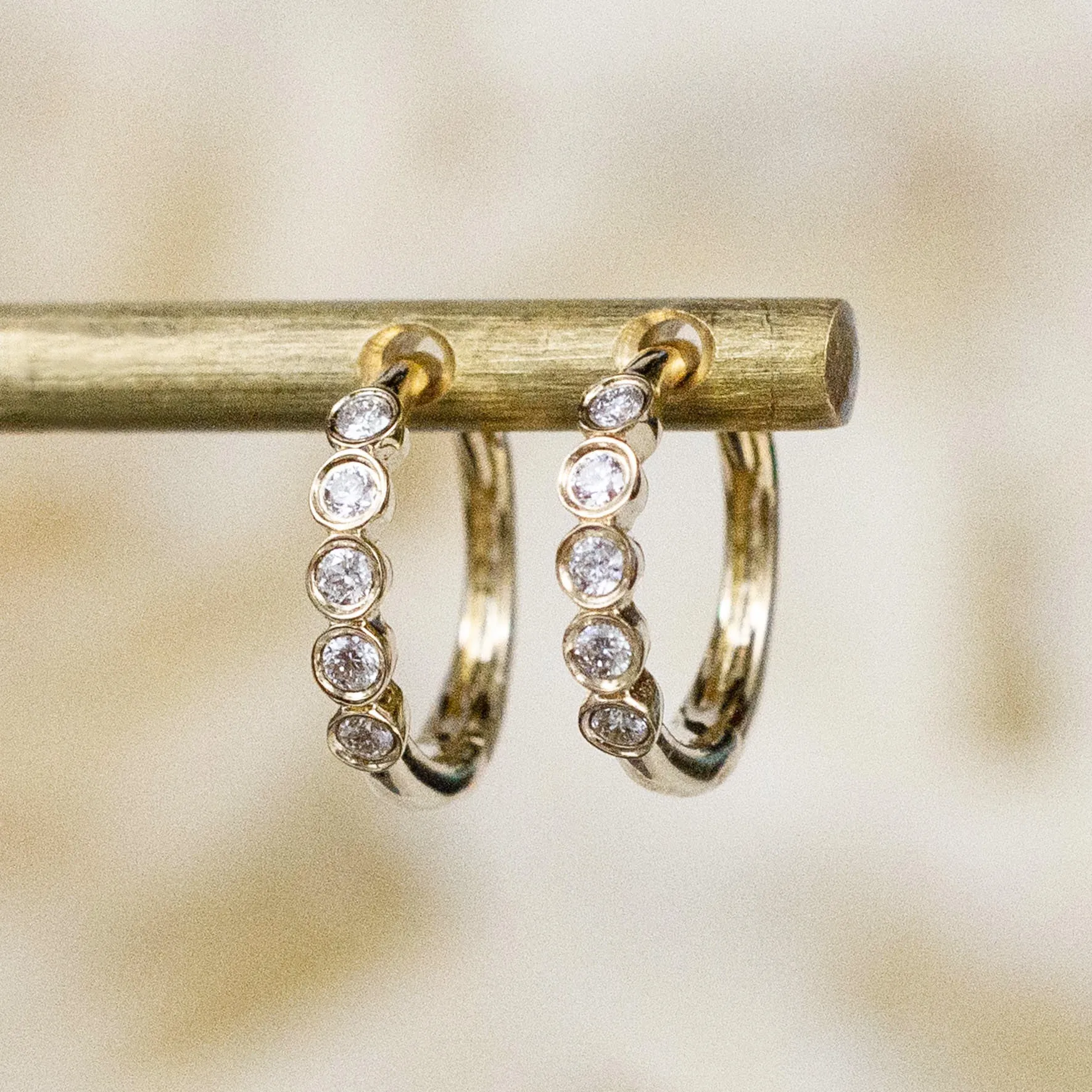 14K Five Diamond Huggie Hoops