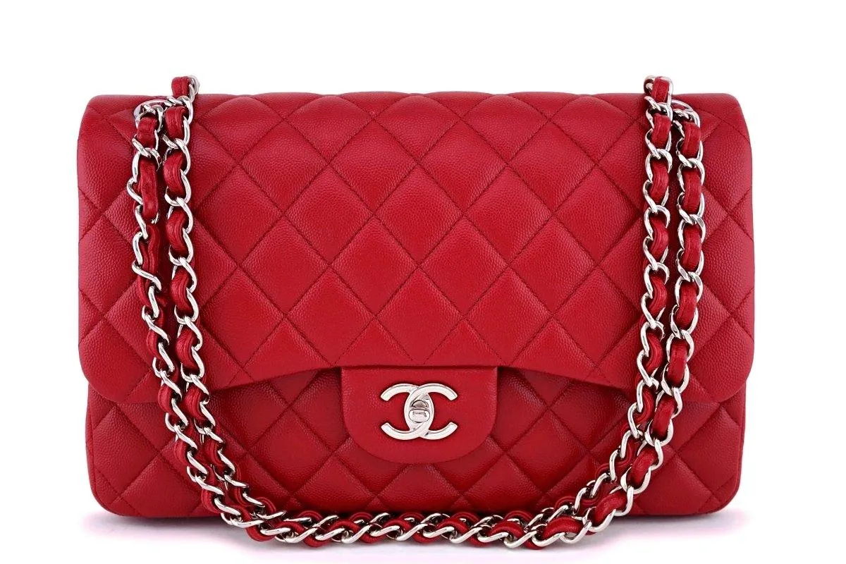 17B Chanel Red Caviar Jumbo Double Flap Bag SHW 63050