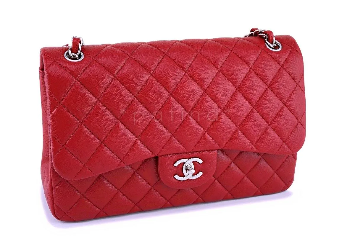 17B Chanel Red Caviar Jumbo Double Flap Bag SHW 63050