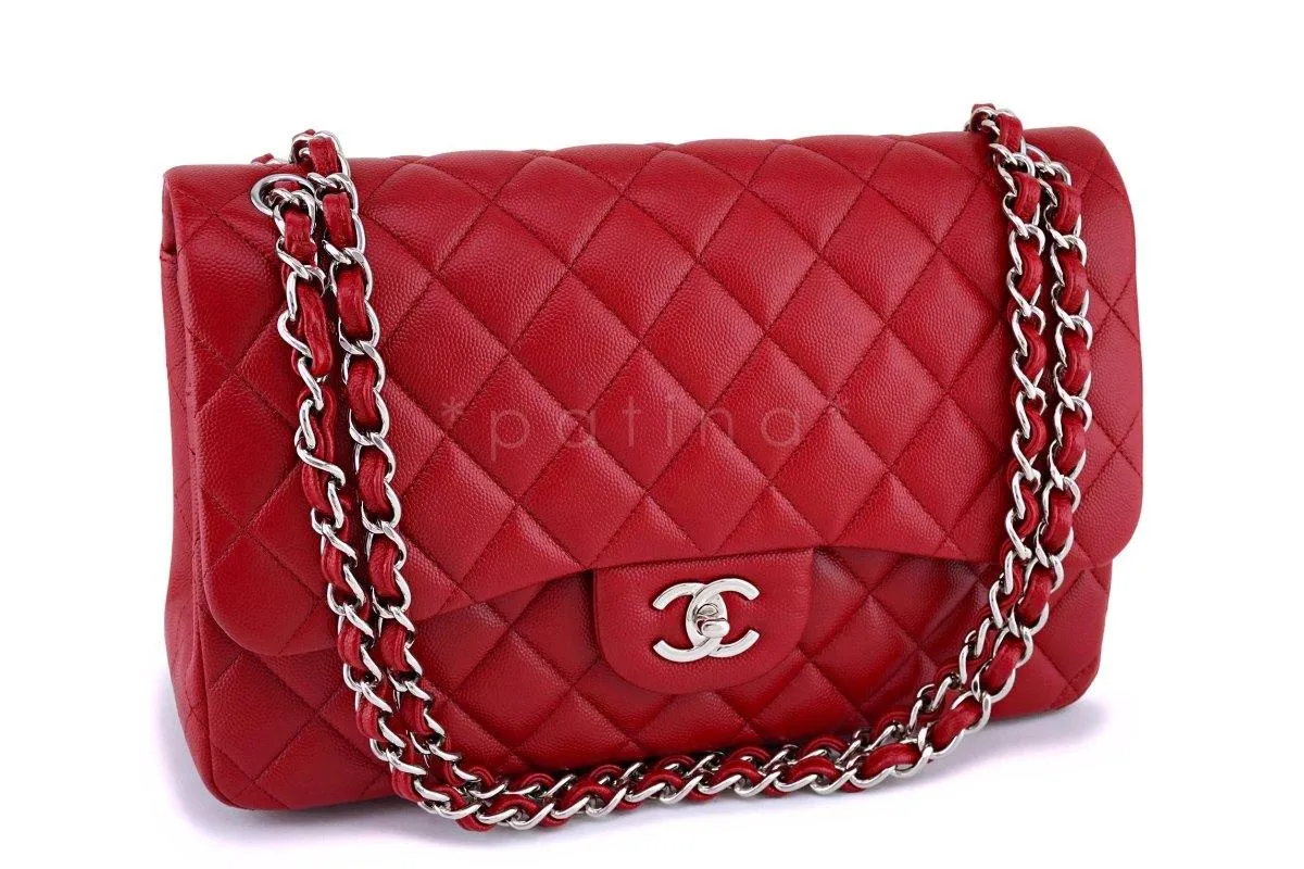 17B Chanel Red Caviar Jumbo Double Flap Bag SHW 63050