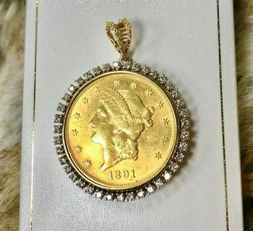 1891 S $20 Twenty Dollar Liberty Head Gold Coin Set in 14K 585 Diamond Pendant