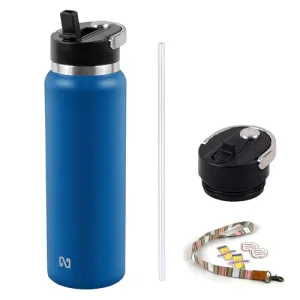 40 oz Water Bottle BPA Free Blue Metal Water Bottle Insulated Stainless Steel with Straw and Handle Lid, Reusable Thermal Sports Water Bottle Bottle Keeps Cold and Hot for Women and Men, Blue