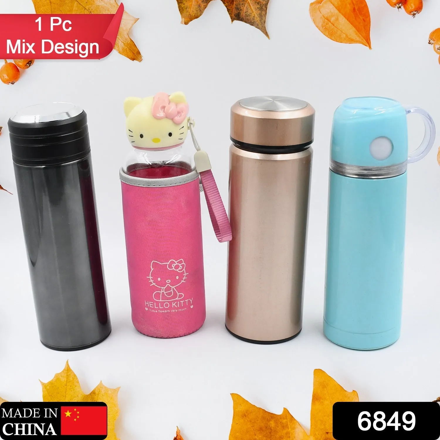 6849 Mix Size and Design Stainless Steel Vacuum Bottle with Cup Lid – Thermos for Hot & Cold Drinks or Food-Thermos for Travel (1pc)