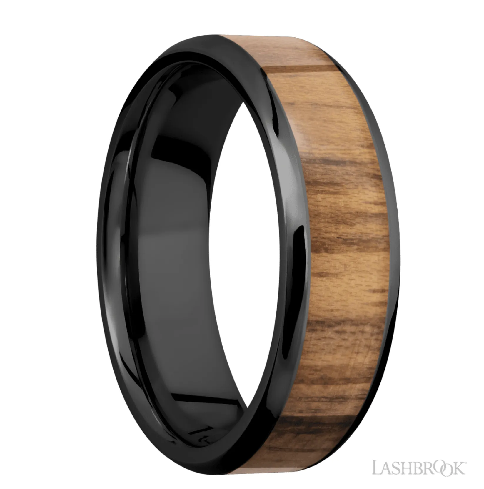 7 mm wide/Beveled/Zirconium band with one 5 mm Centered inlay of Teak. - Size 10.25