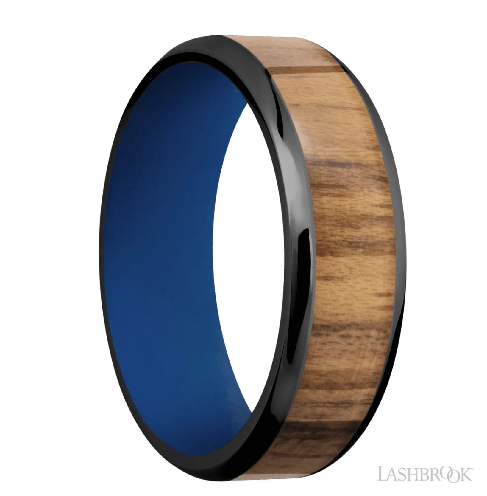 7 mm wide/Beveled/Zirconium band with one 5 mm Centered inlay of Teak. - Size 10.25