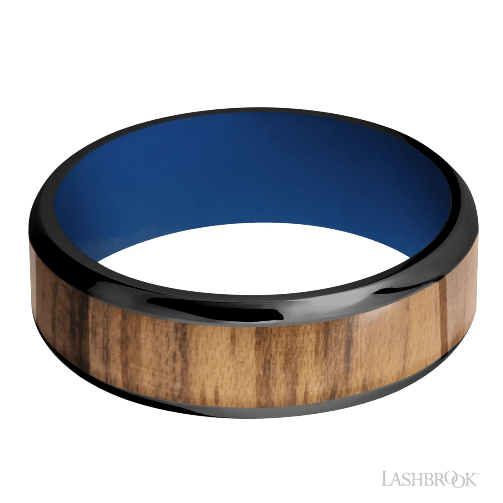 7 mm wide/Beveled/Zirconium band with one 5 mm Centered inlay of Teak. - Size 10.25