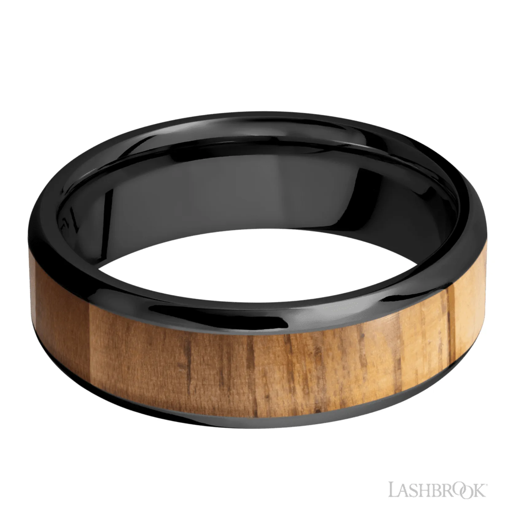 7 mm wide/Beveled/Zirconium band with one 5 mm Centered inlay of Teak. - Size 10.25