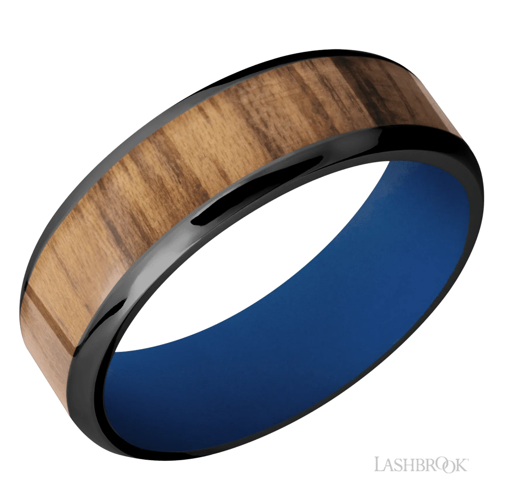 7 mm wide/Beveled/Zirconium band with one 5 mm Centered inlay of Teak. - Size 10.25