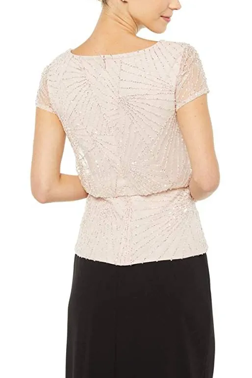 Adrianna Papell Boat Neck Illusion Short Sleeve Blouson Embellished Zipper Mesh Top