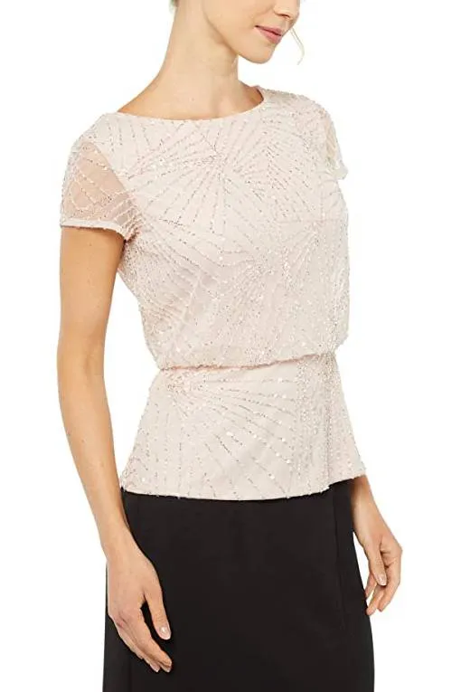 Adrianna Papell Boat Neck Illusion Short Sleeve Blouson Embellished Zipper Mesh Top