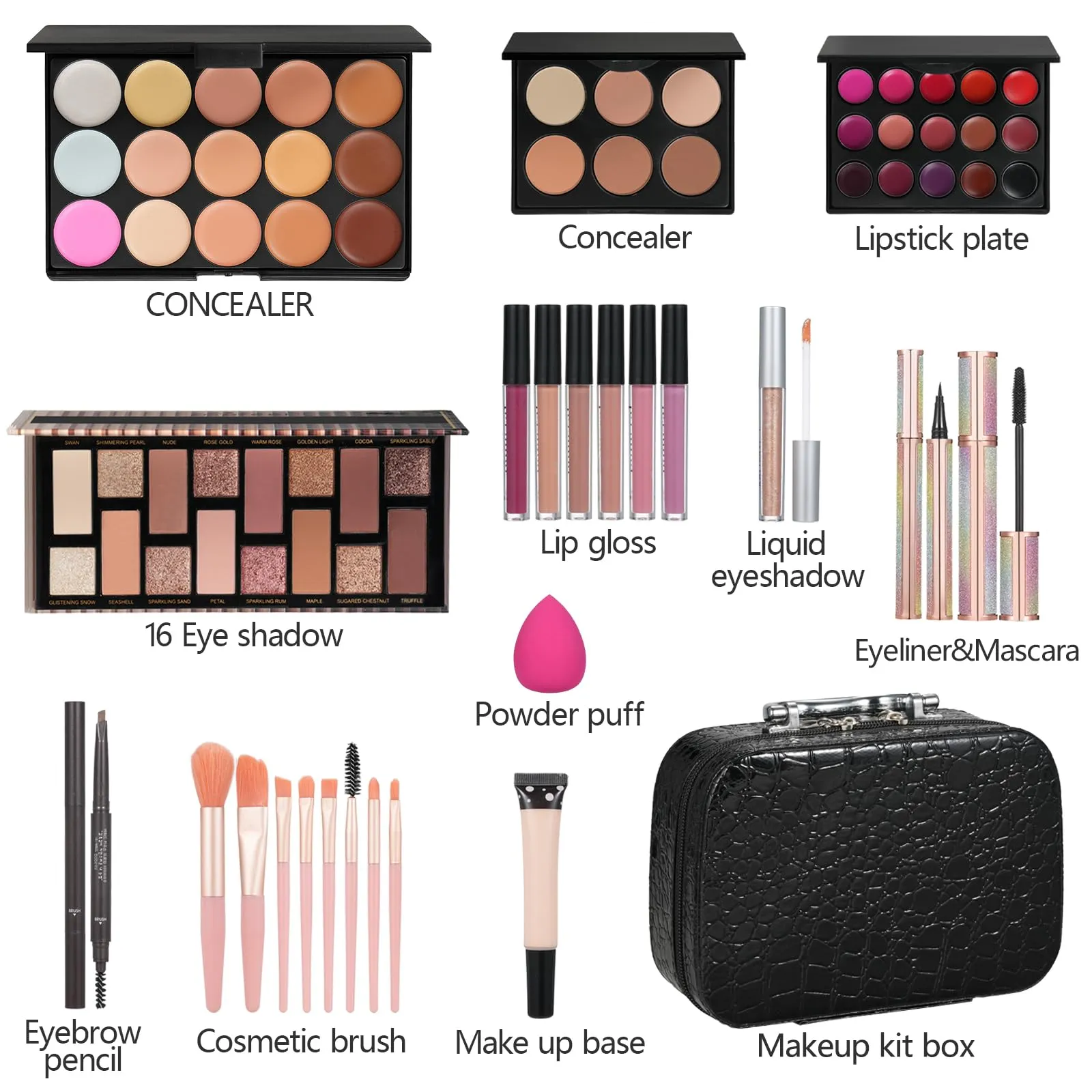 All In One Makeup Kit For Girls Gift, Makeup Kit For Women Full Kit Includes Sponge Eyeshadow Liquid Lipstick Concealer Eyeliner Eyebrow Makeup Bag