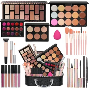 All In One Makeup Kit For Girls Gift, Makeup Kit For Women Full Kit Includes Sponge Eyeshadow Liquid Lipstick Concealer Eyeliner Eyebrow Makeup Bag