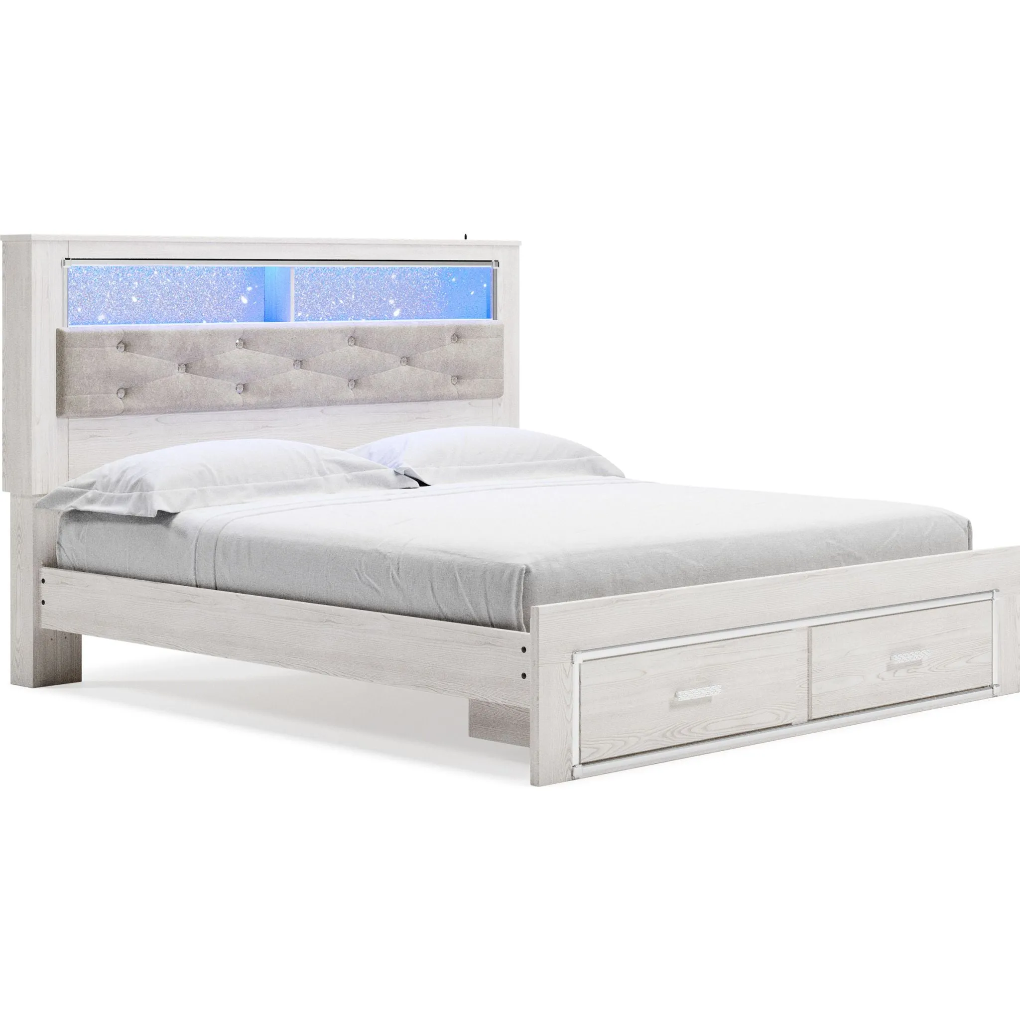 Altyra King Upholstered Bookcase Bed with Storage - White