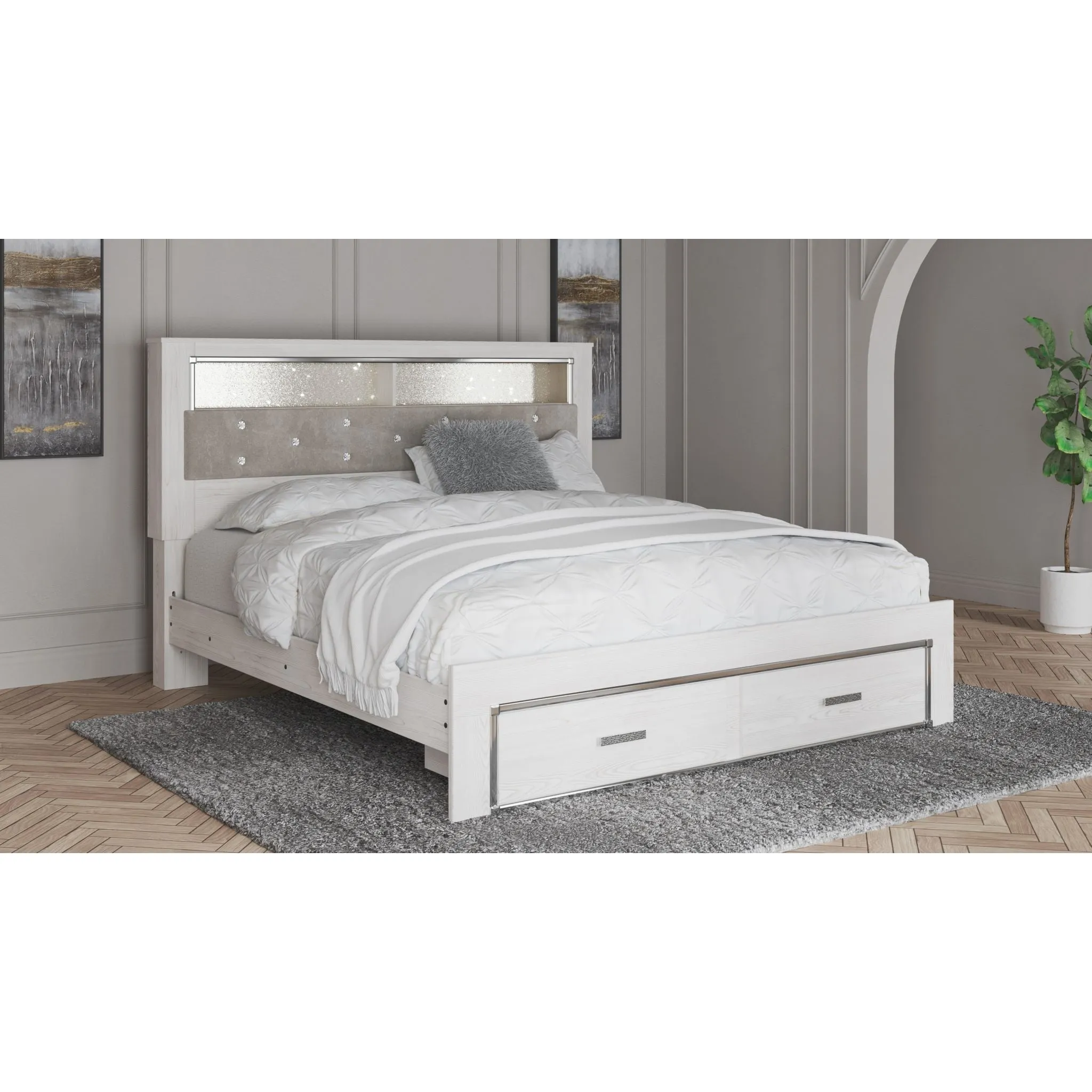 Altyra King Upholstered Bookcase Bed with Storage - White