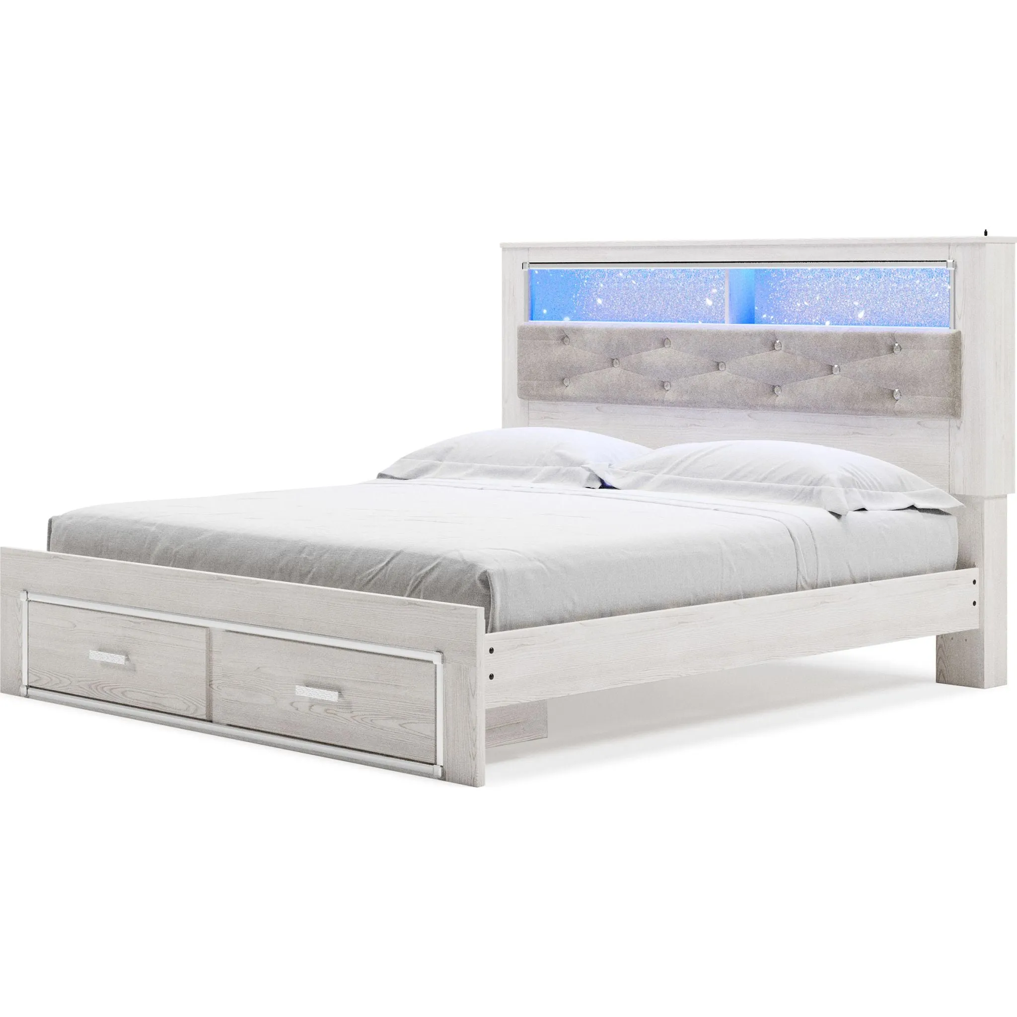 Altyra King Upholstered Bookcase Bed with Storage - White