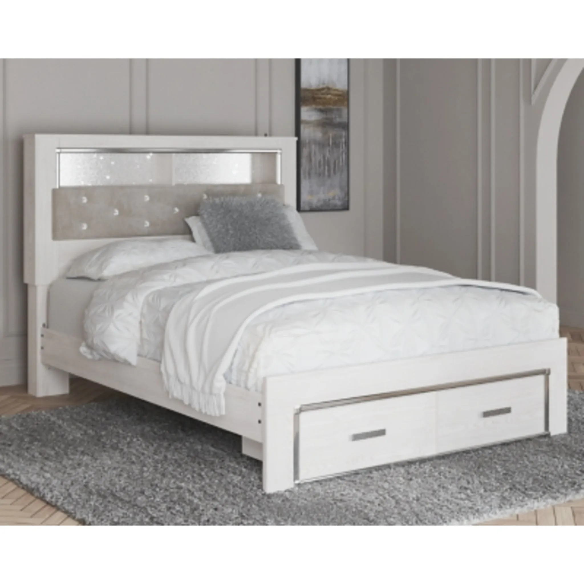 Altyra King Upholstered Bookcase Bed with Storage - White