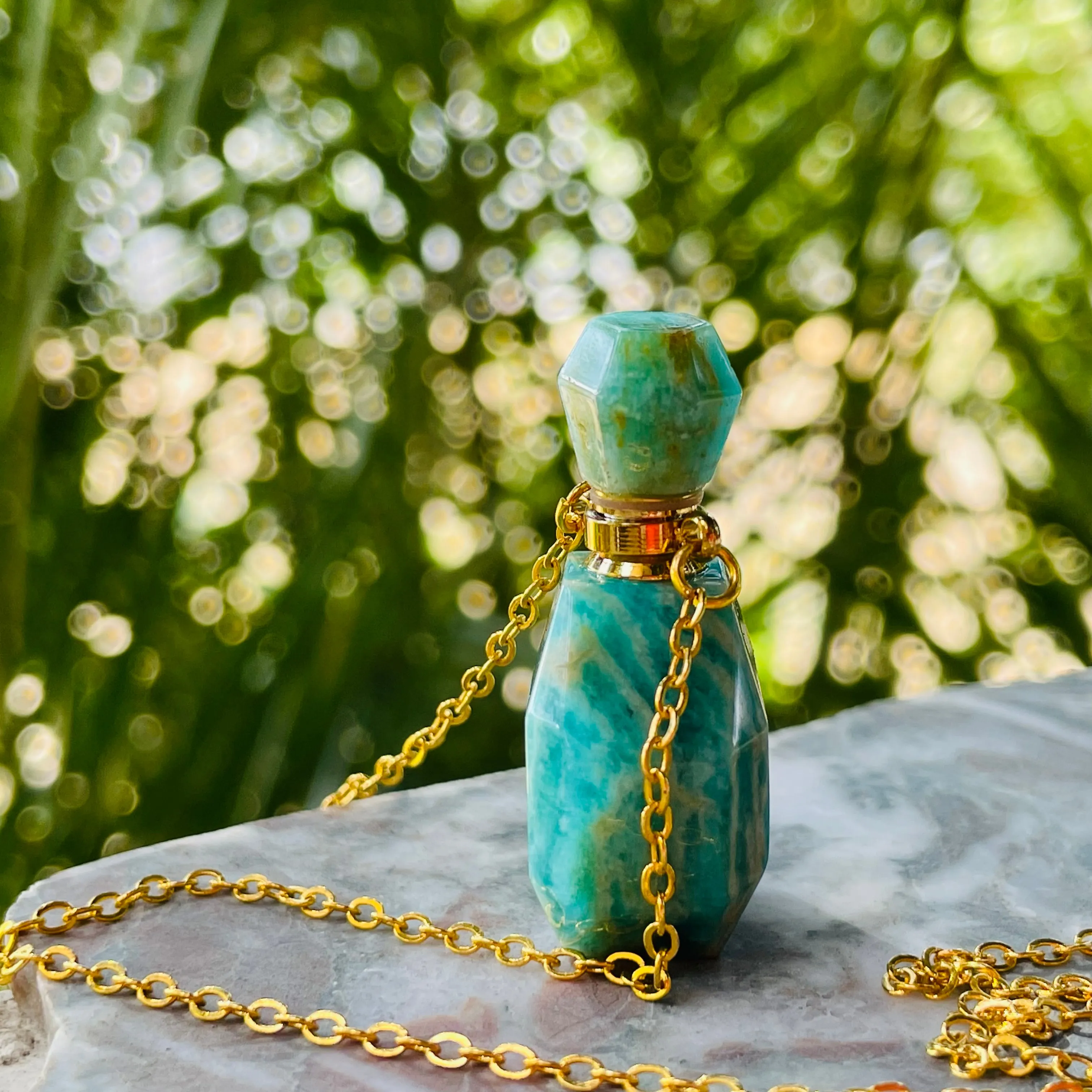 Amazonite Blue Green Gem Stone Perfume Bottle Essential Oil Necklace Pendant