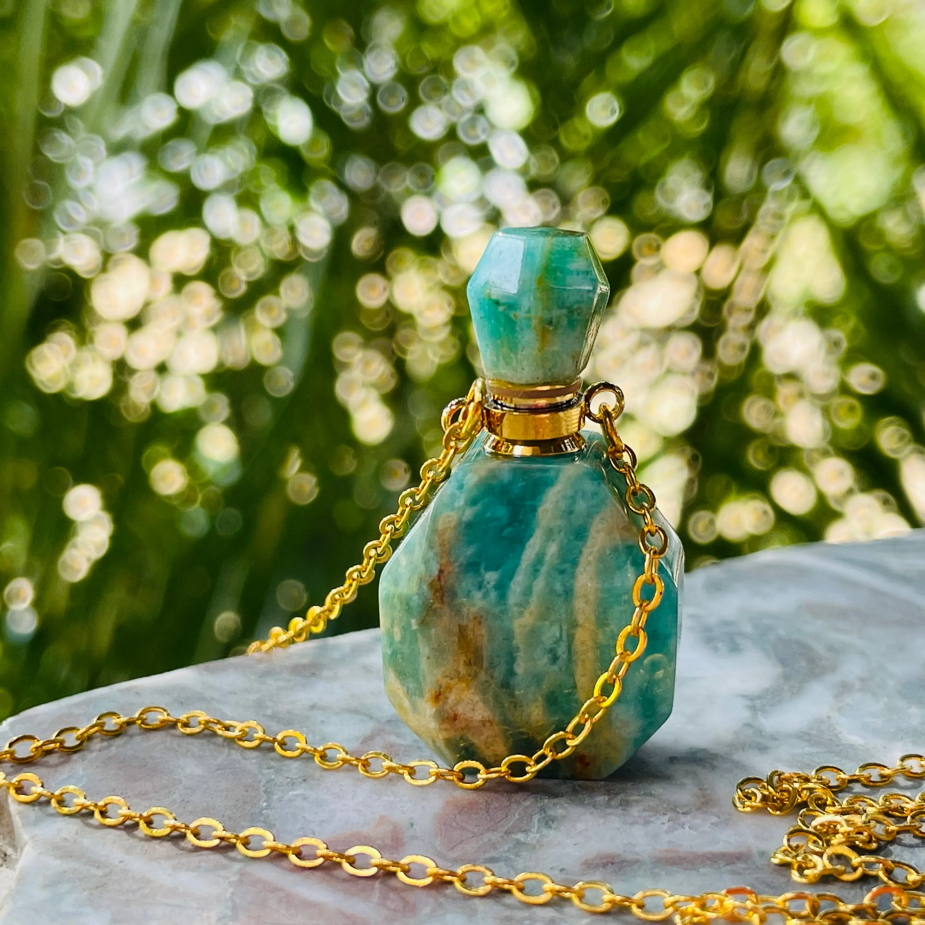 Amazonite Blue Green Gem Stone Perfume Bottle Essential Oil Necklace Pendant