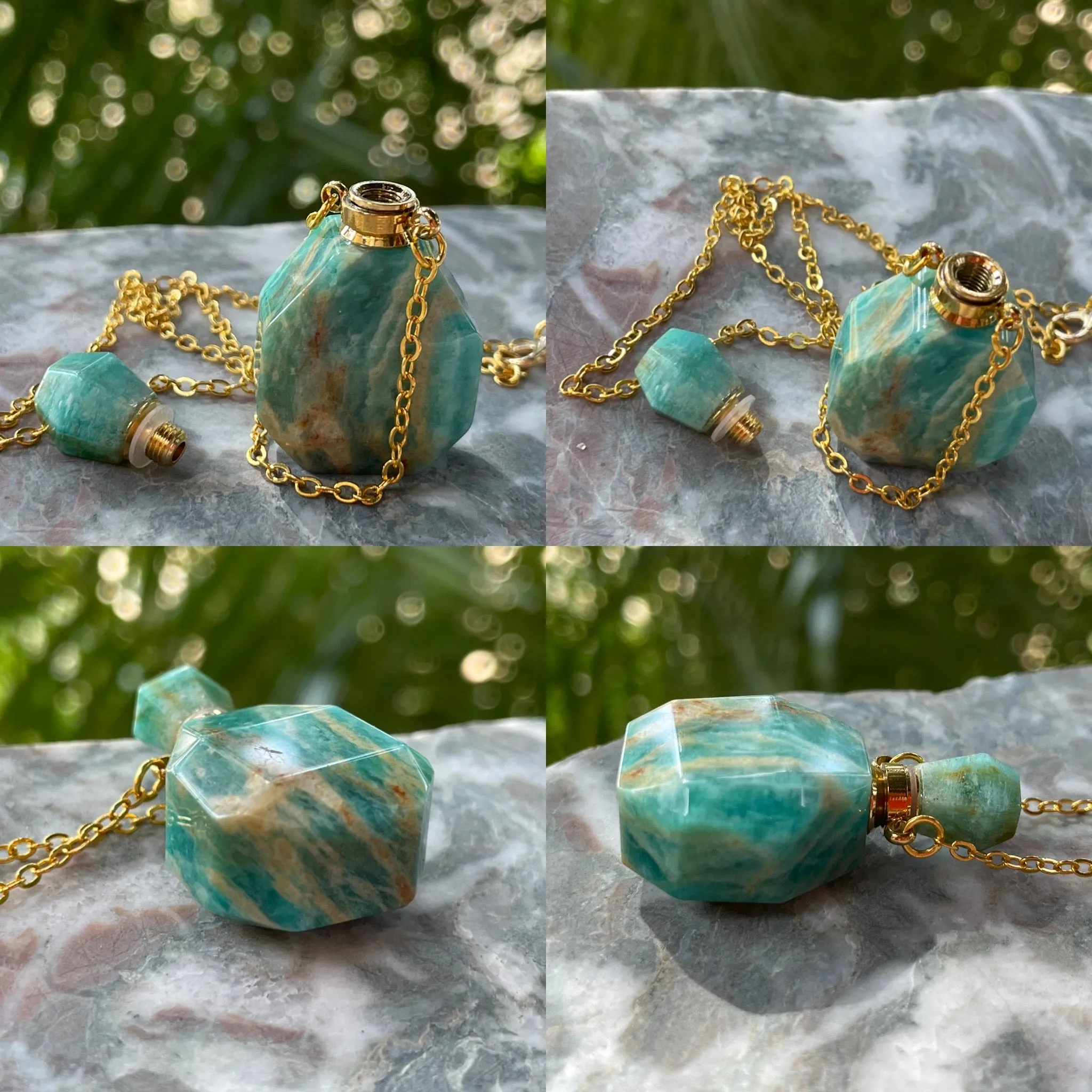 Amazonite Blue Green Gem Stone Perfume Bottle Essential Oil Necklace Pendant