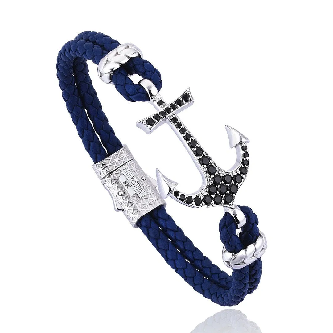 Anchor Leather Bracelet - Solid White Gold