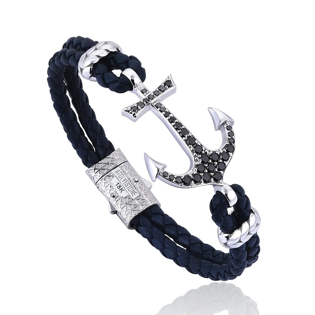 Anchor Leather Bracelet - Solid White Gold