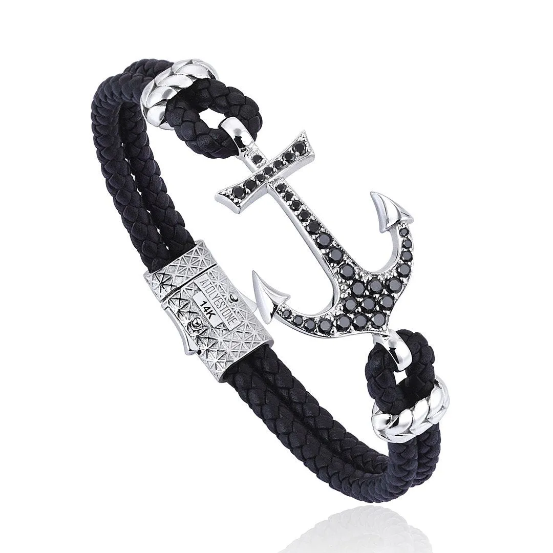 Anchor Leather Bracelet - Solid White Gold