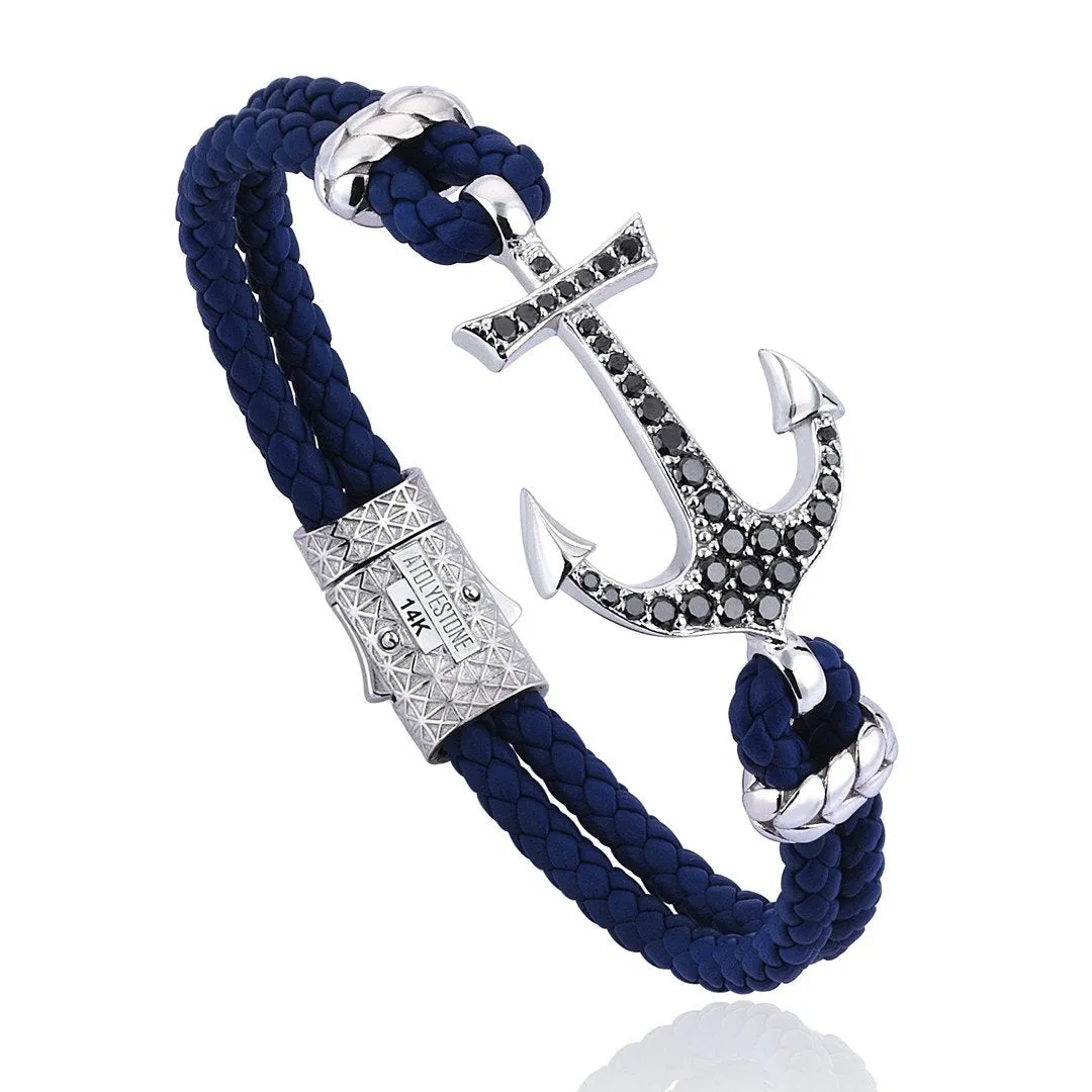 Anchor Leather Bracelet - Solid White Gold