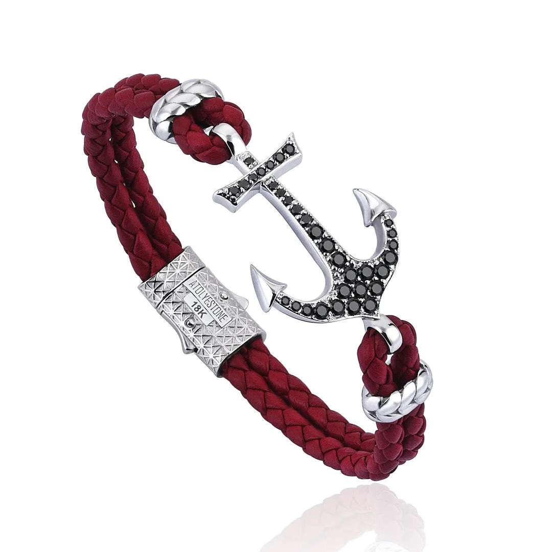 Anchor Leather Bracelet - Solid White Gold