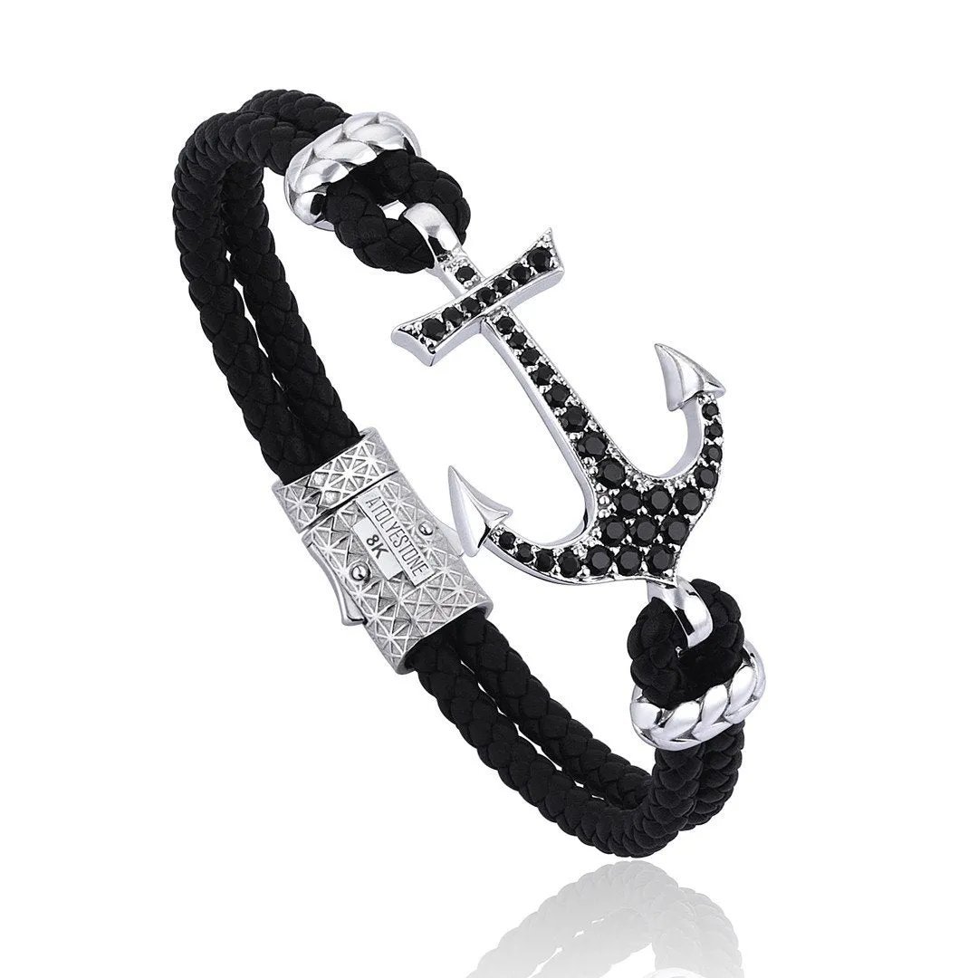 Anchor Leather Bracelet - Solid White Gold