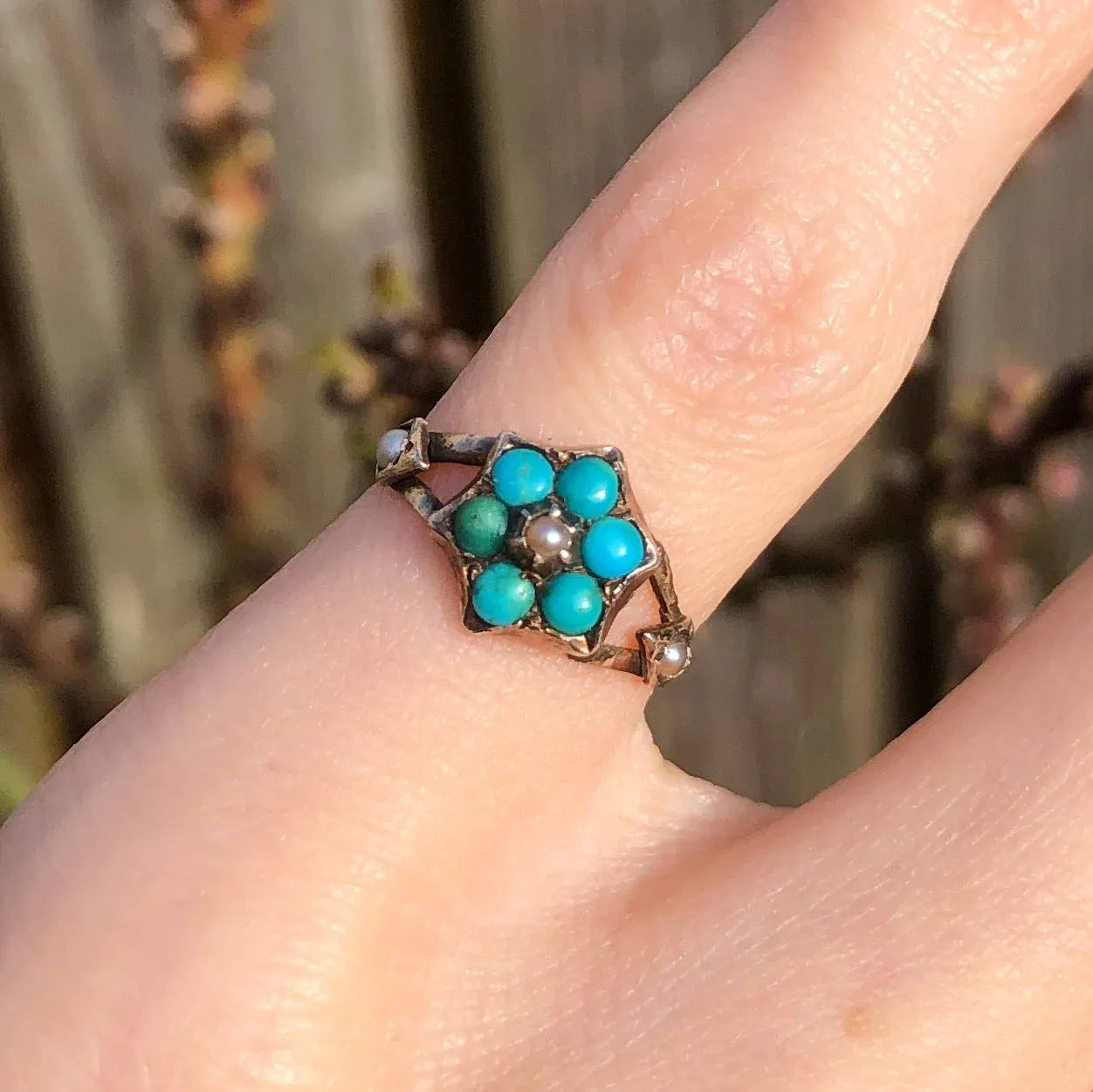 Antique Edwardian Gold Turquoise & Pearl Flower Pinky Ring