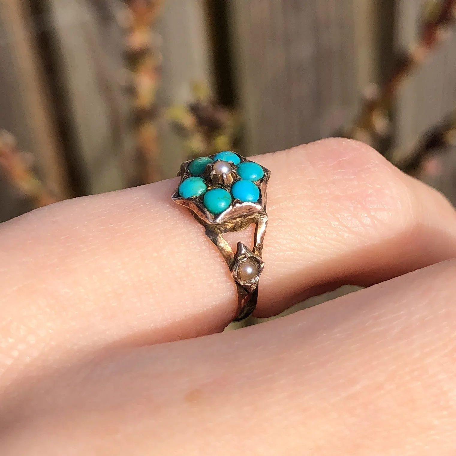 Antique Edwardian Gold Turquoise & Pearl Flower Pinky Ring