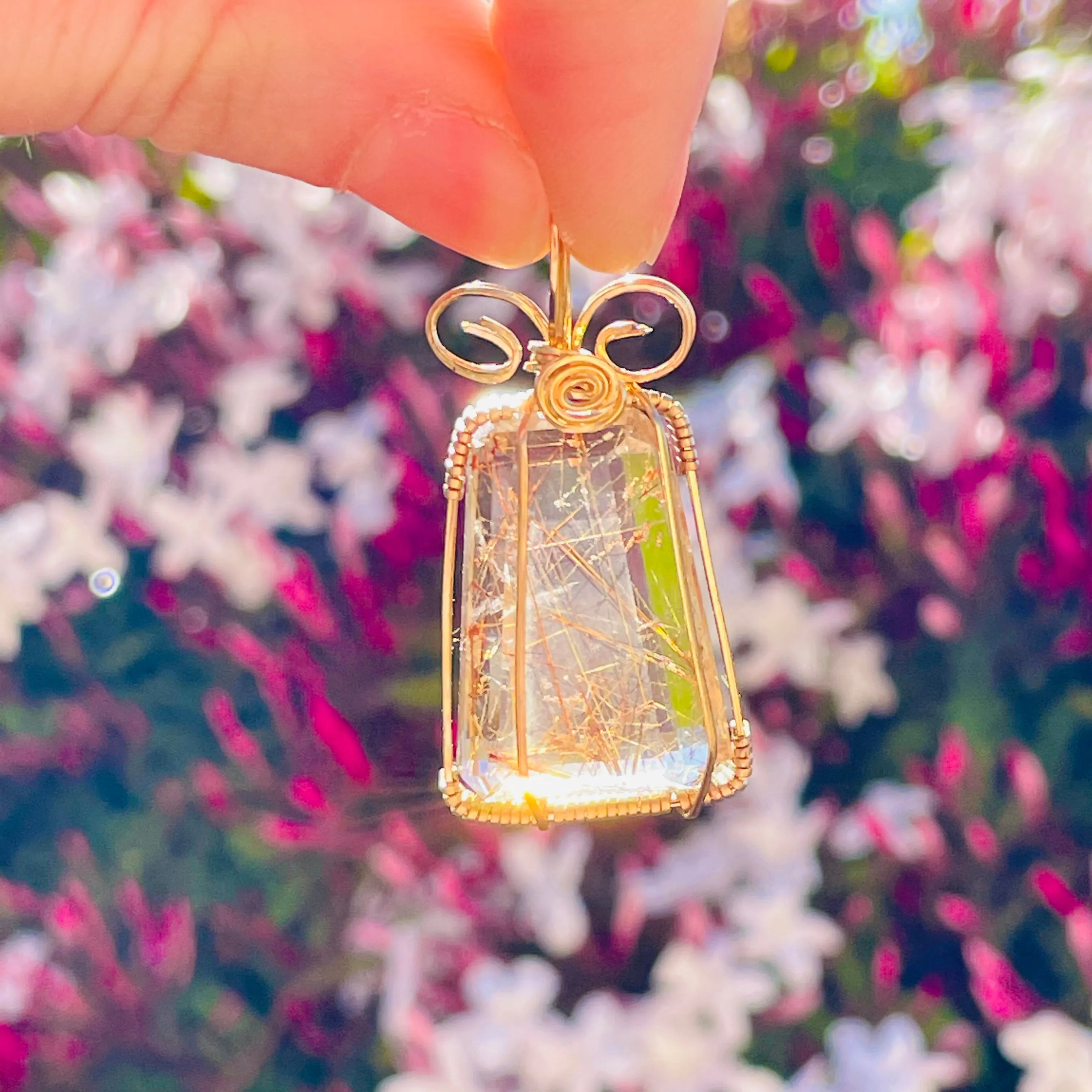 Artisan Gold Filled Wrap Natural Rutilated Golden Quartz Crystal Stone Pendant