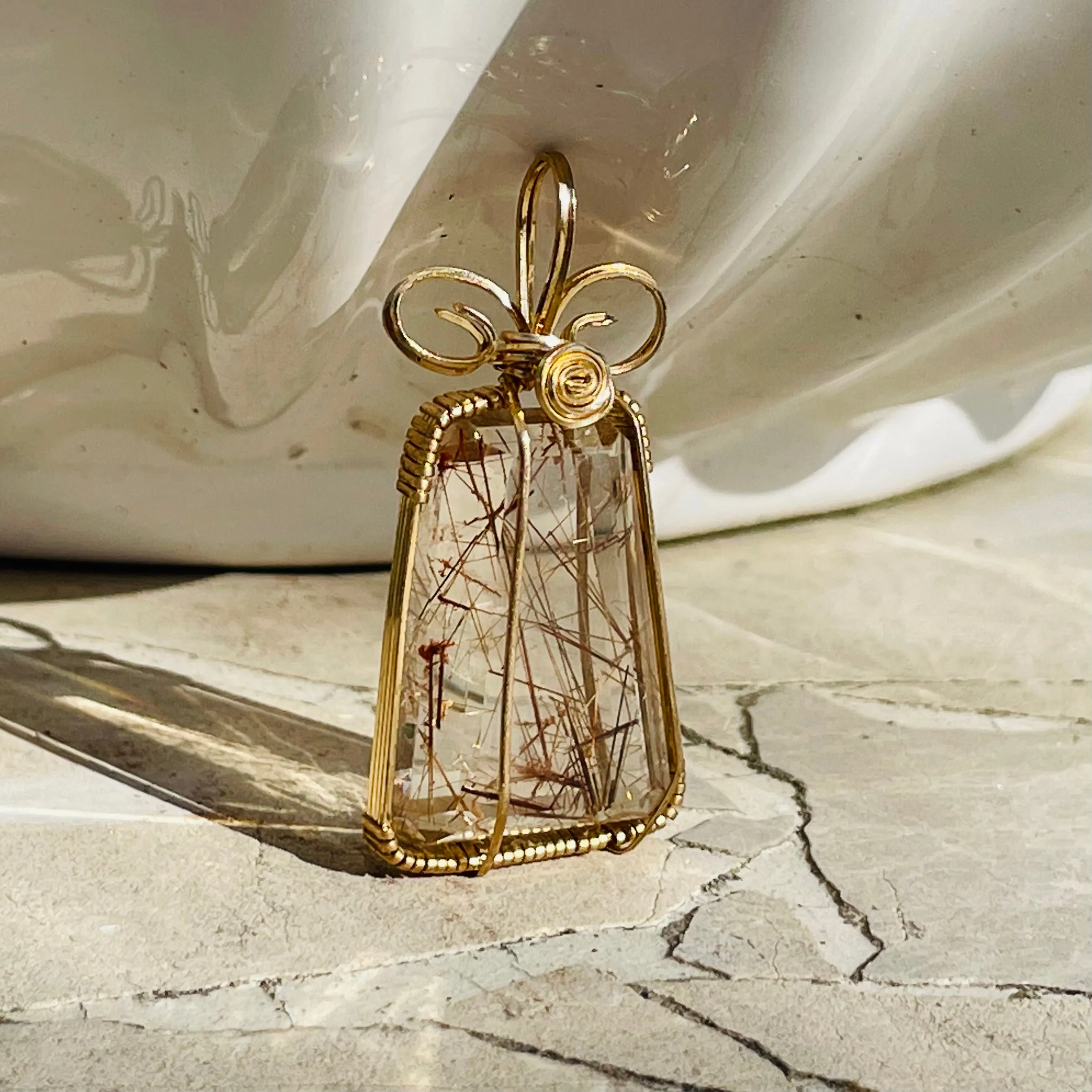 Artisan Gold Filled Wrap Natural Rutilated Golden Quartz Crystal Stone Pendant