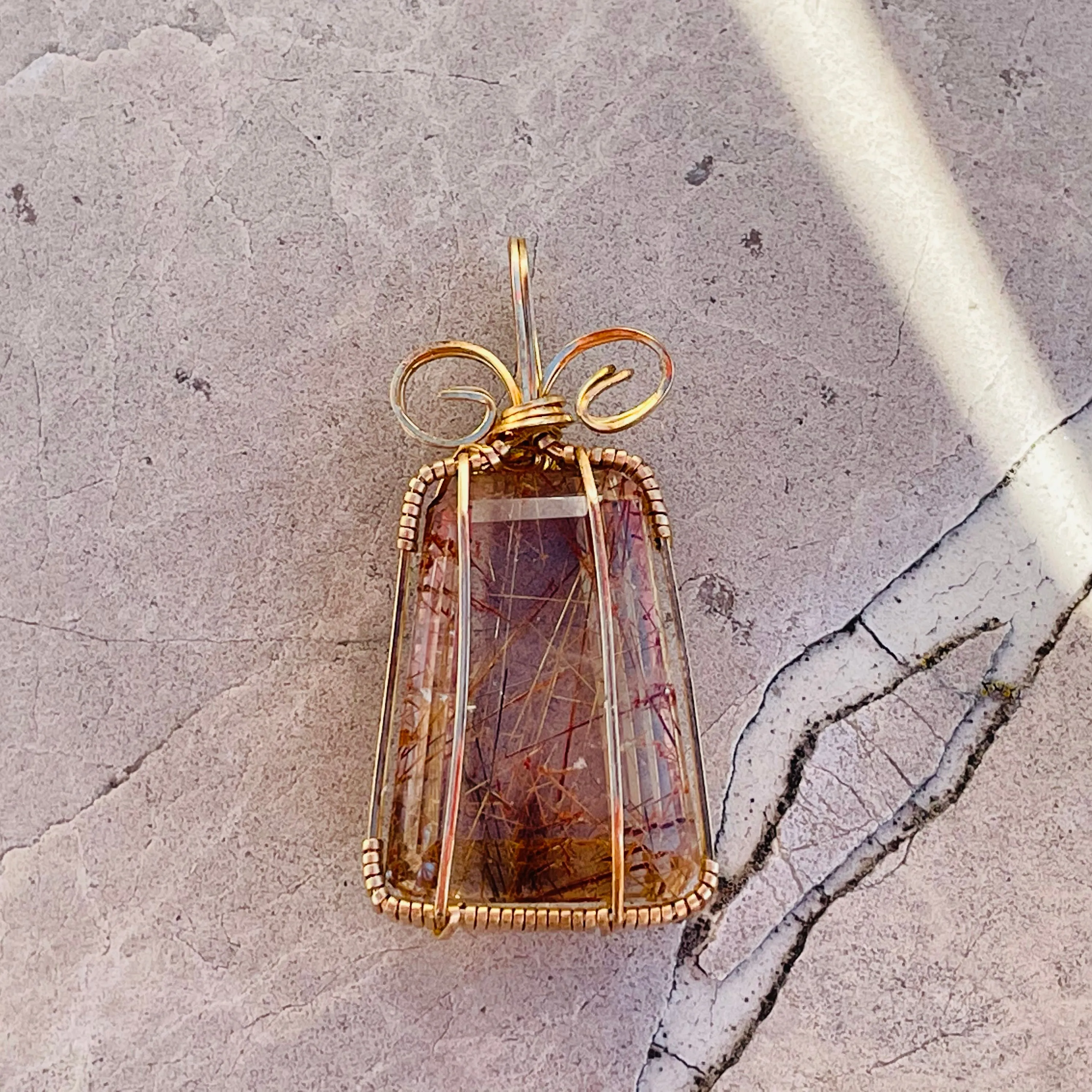 Artisan Gold Filled Wrap Natural Rutilated Golden Quartz Crystal Stone Pendant