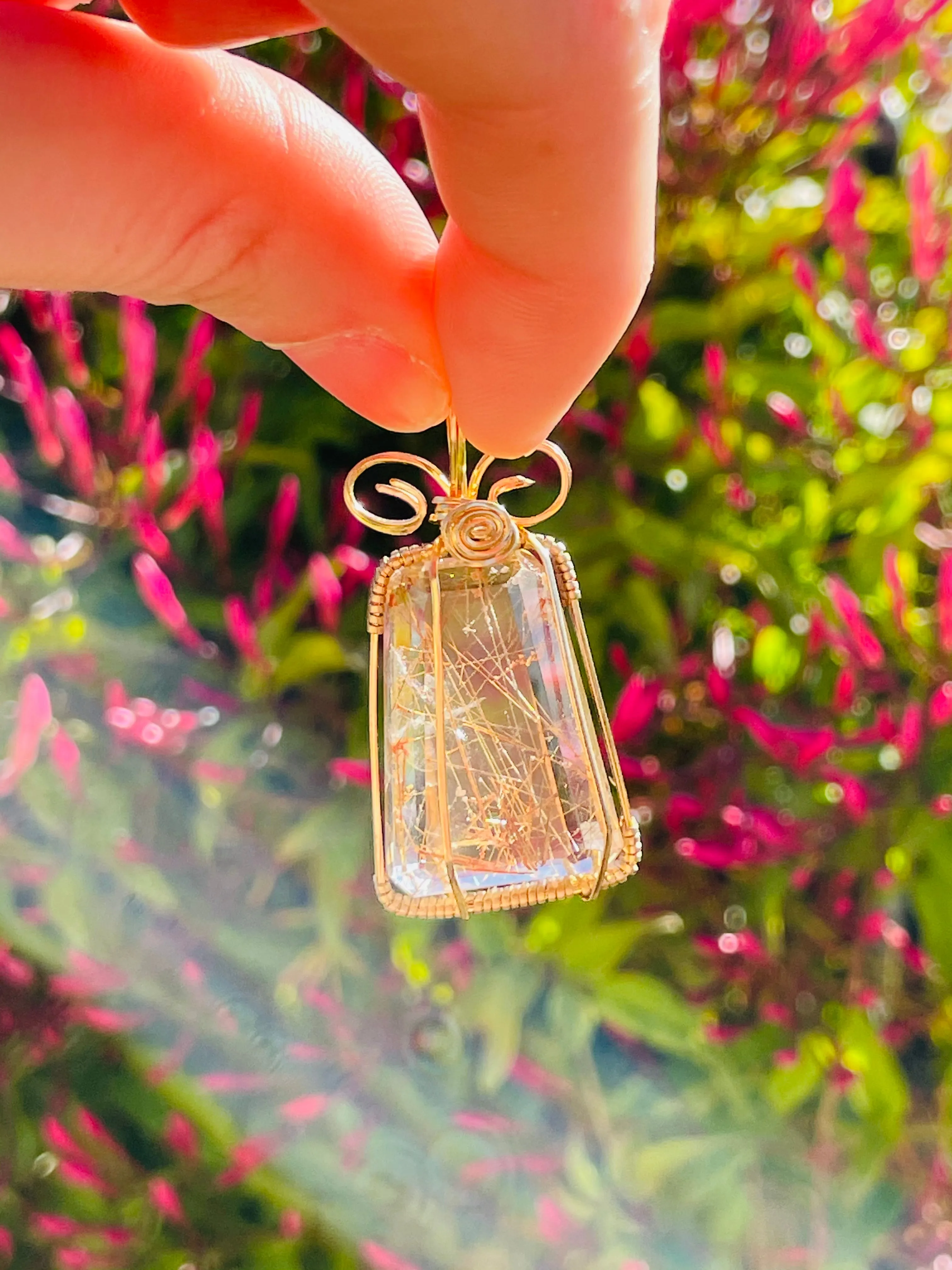 Artisan Gold Filled Wrap Natural Rutilated Golden Quartz Crystal Stone Pendant