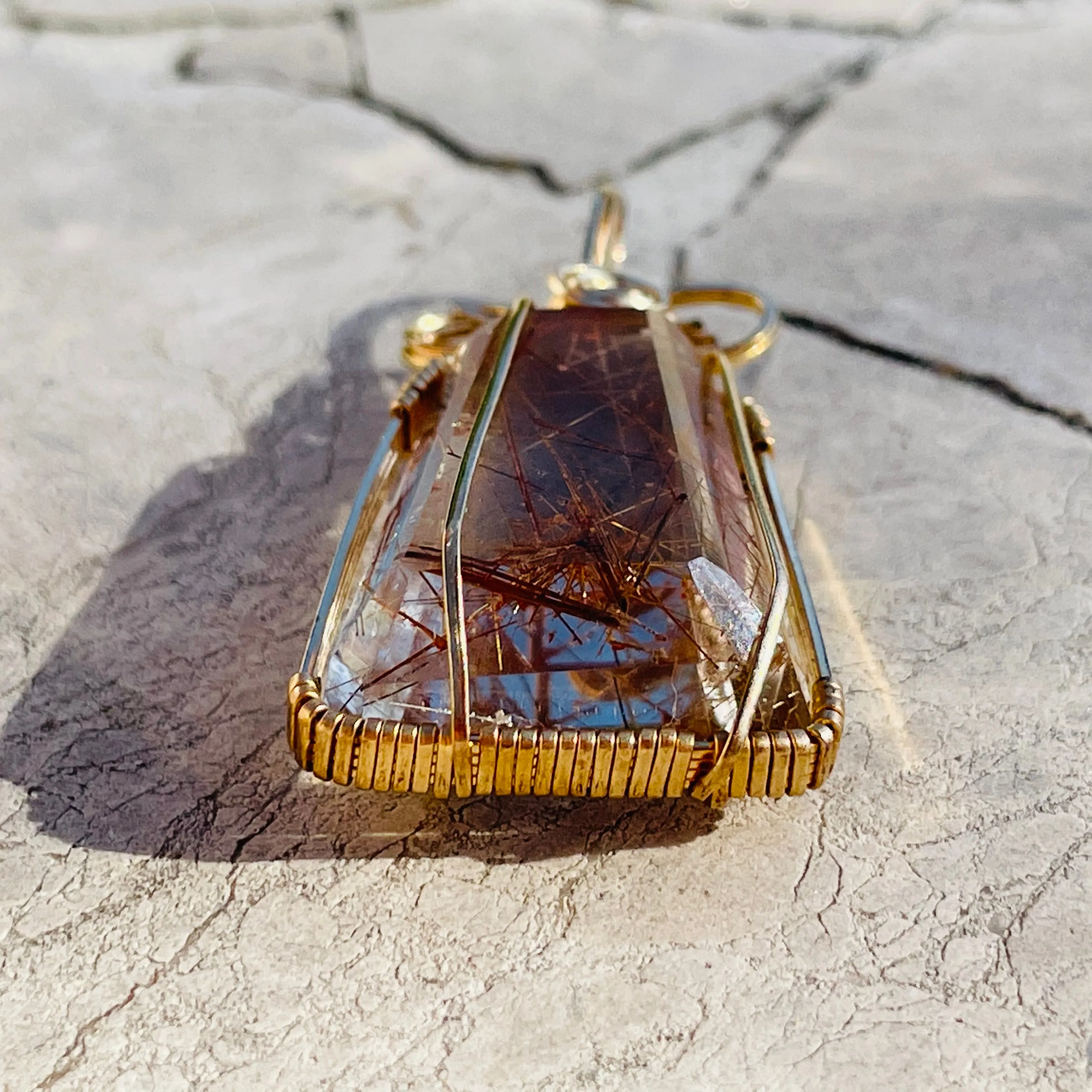 Artisan Gold Filled Wrap Natural Rutilated Golden Quartz Crystal Stone Pendant