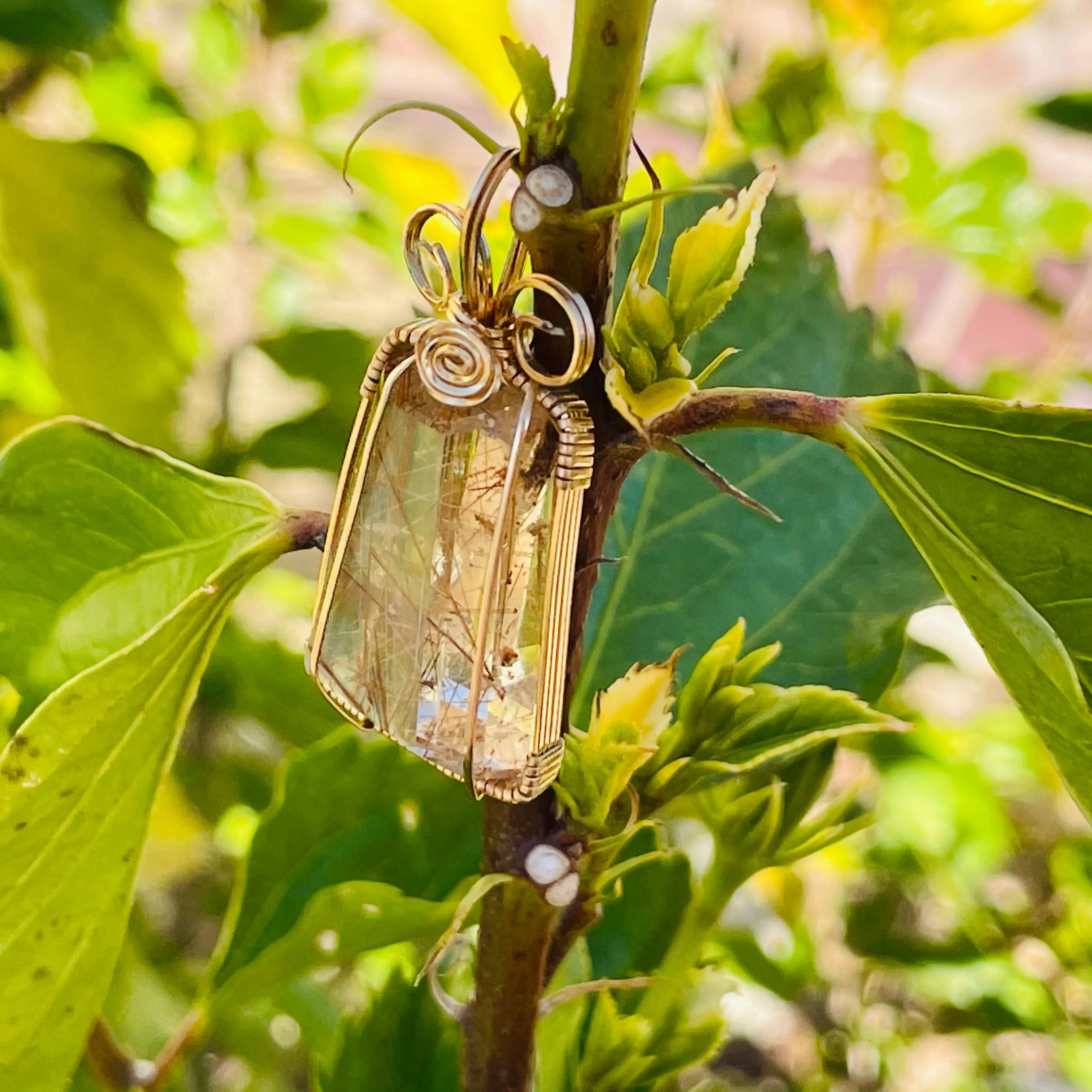 Artisan Gold Filled Wrap Natural Rutilated Golden Quartz Crystal Stone Pendant