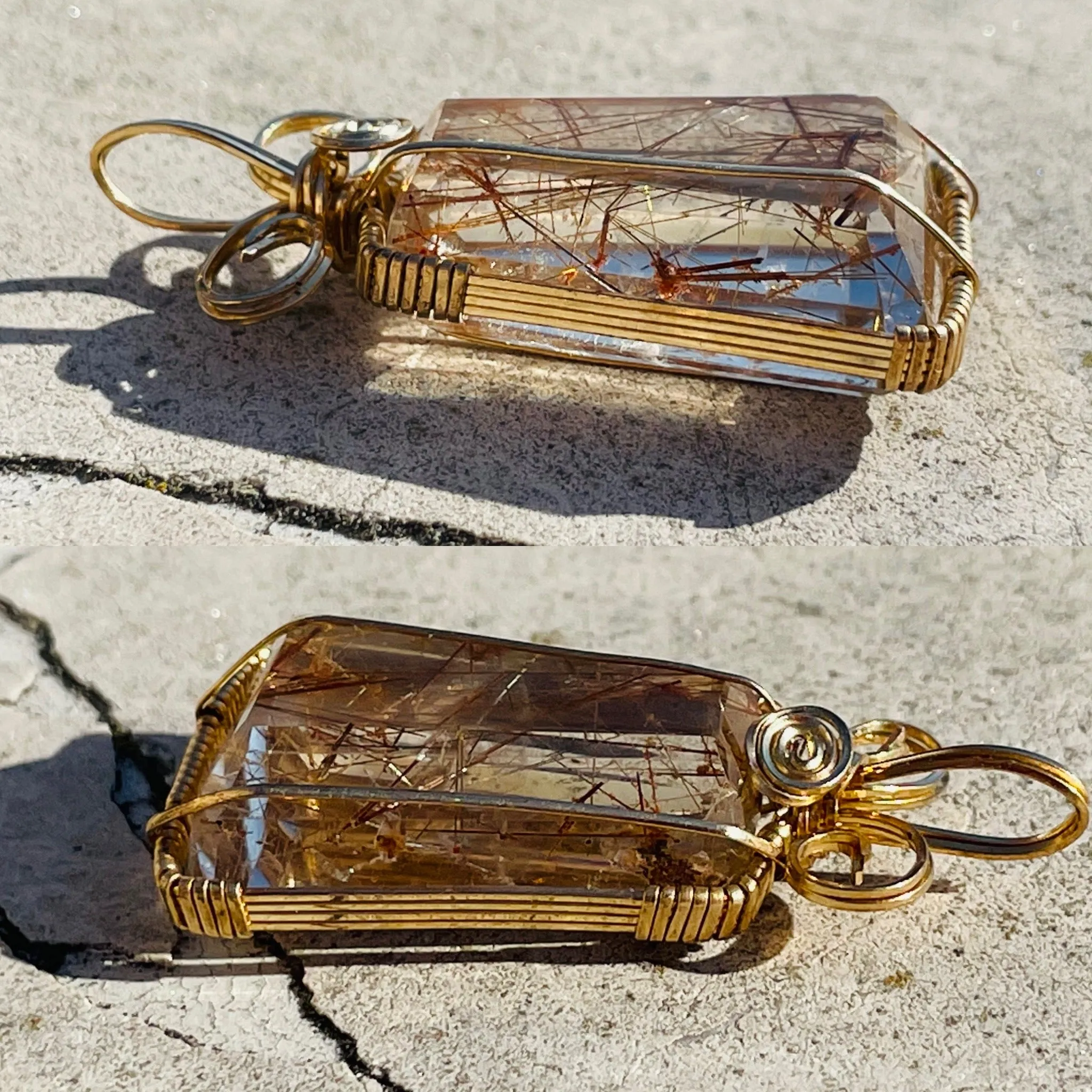 Artisan Gold Filled Wrap Natural Rutilated Golden Quartz Crystal Stone Pendant