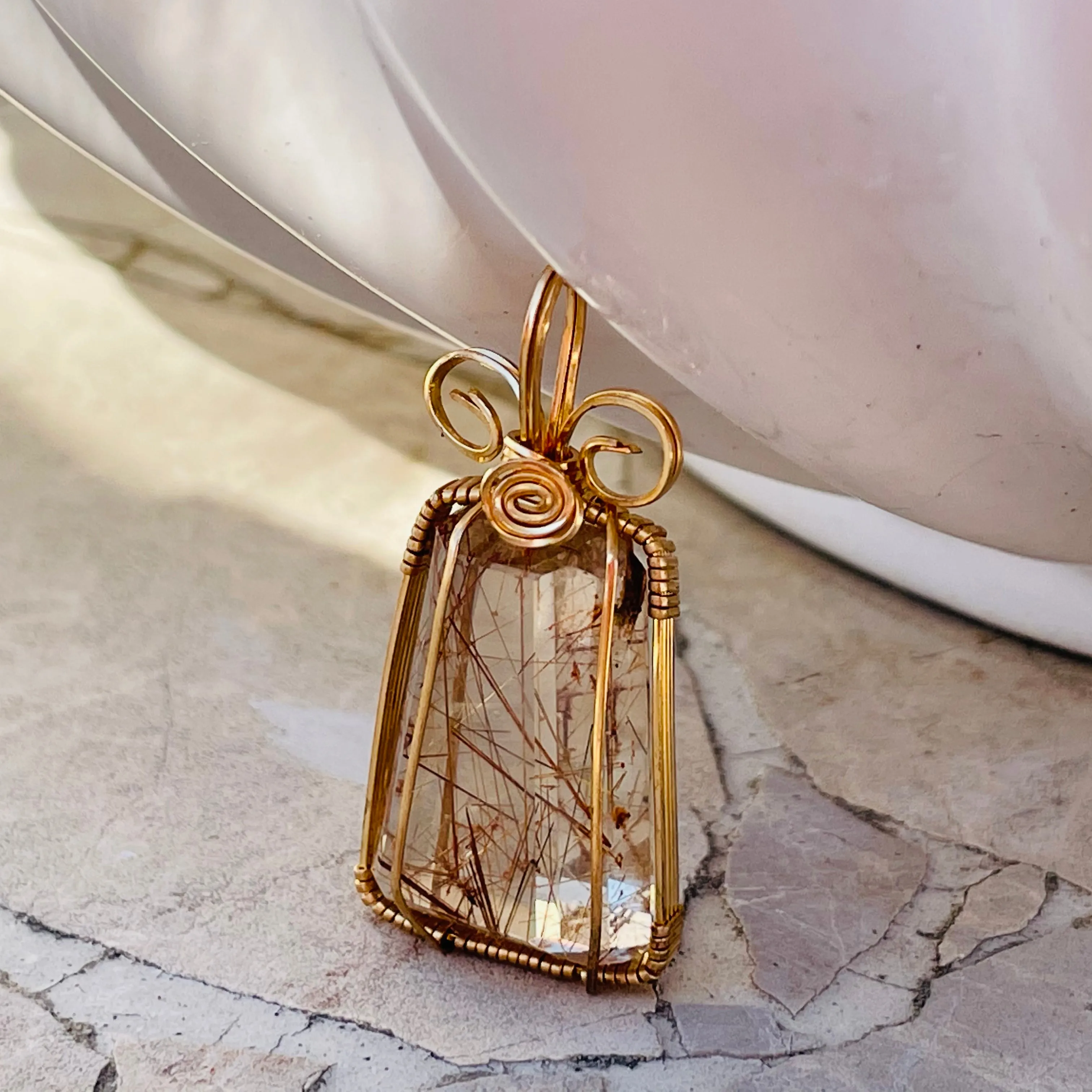 Artisan Gold Filled Wrap Natural Rutilated Golden Quartz Crystal Stone Pendant