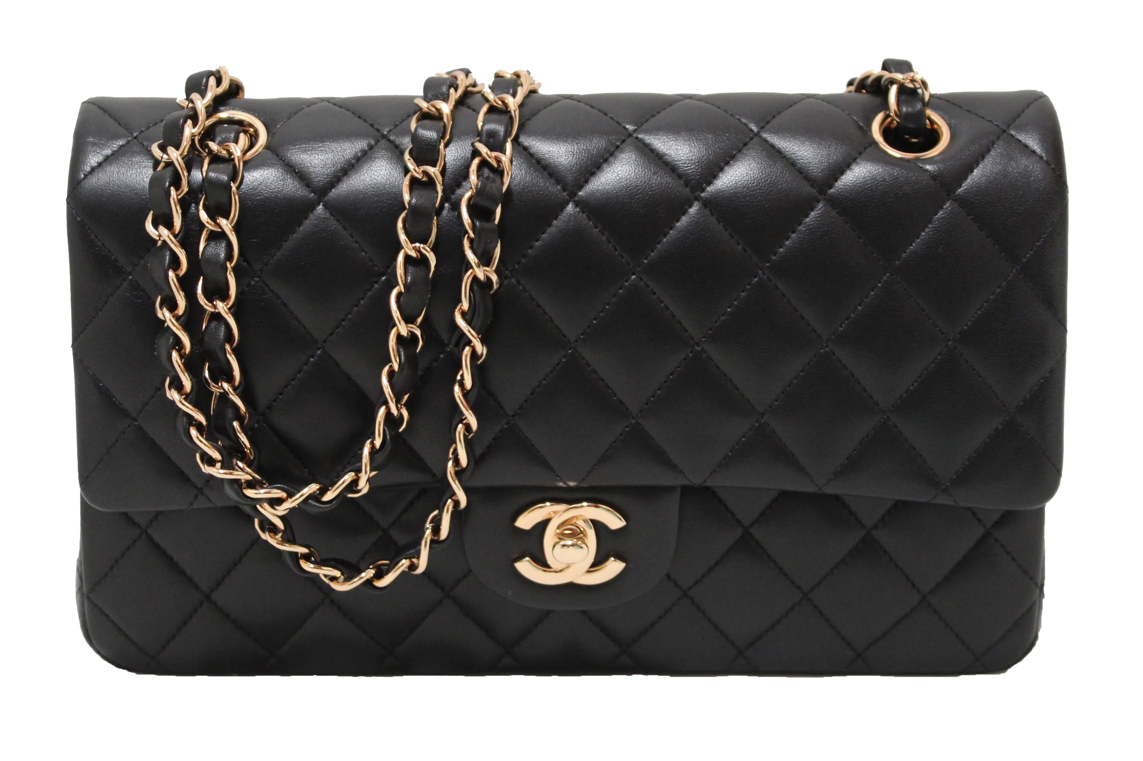 Authentic Chanel Classic Black Quilted Lambskin Leather Classic Medium Double Flap Bag