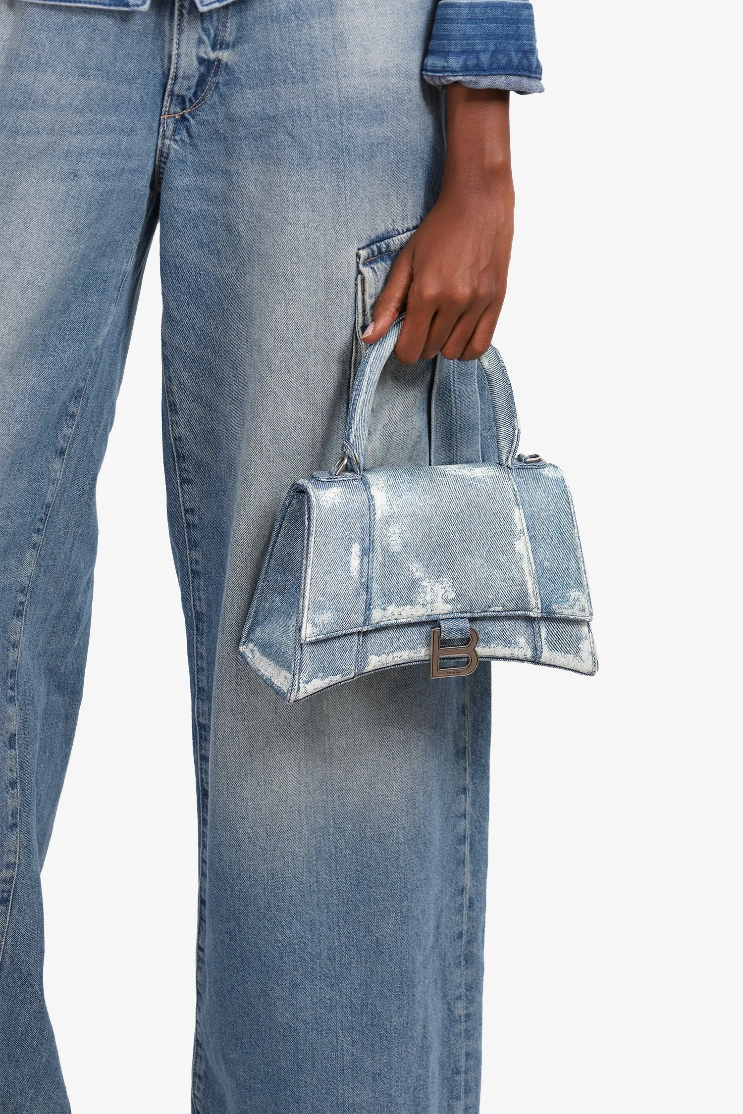 Balenciaga Blue Denim Painted Small Hourglass Top Handle with Strap