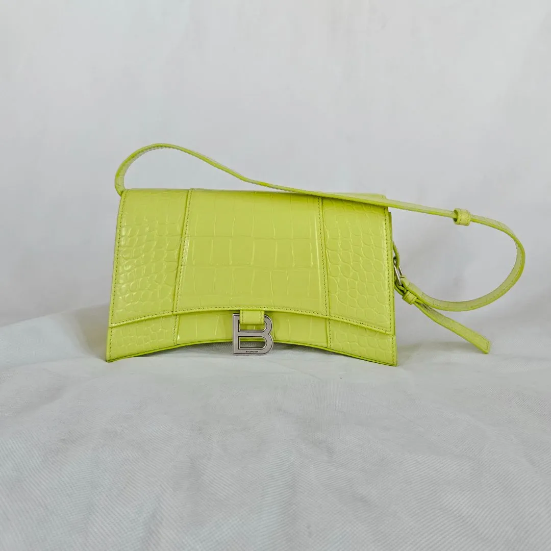 Balenciaga yellow hourglass croc embossed bag with strap