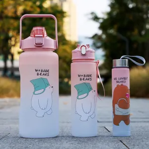 Bare Bear Water Bottle Set | Water Bottles with Straw 3 Pcs, 2000ml 900ml 300ml