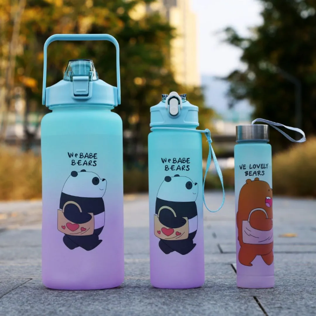 Bare Bear Water Bottle Set | Water Bottles with Straw 3 Pcs, 2000ml 900ml 300ml