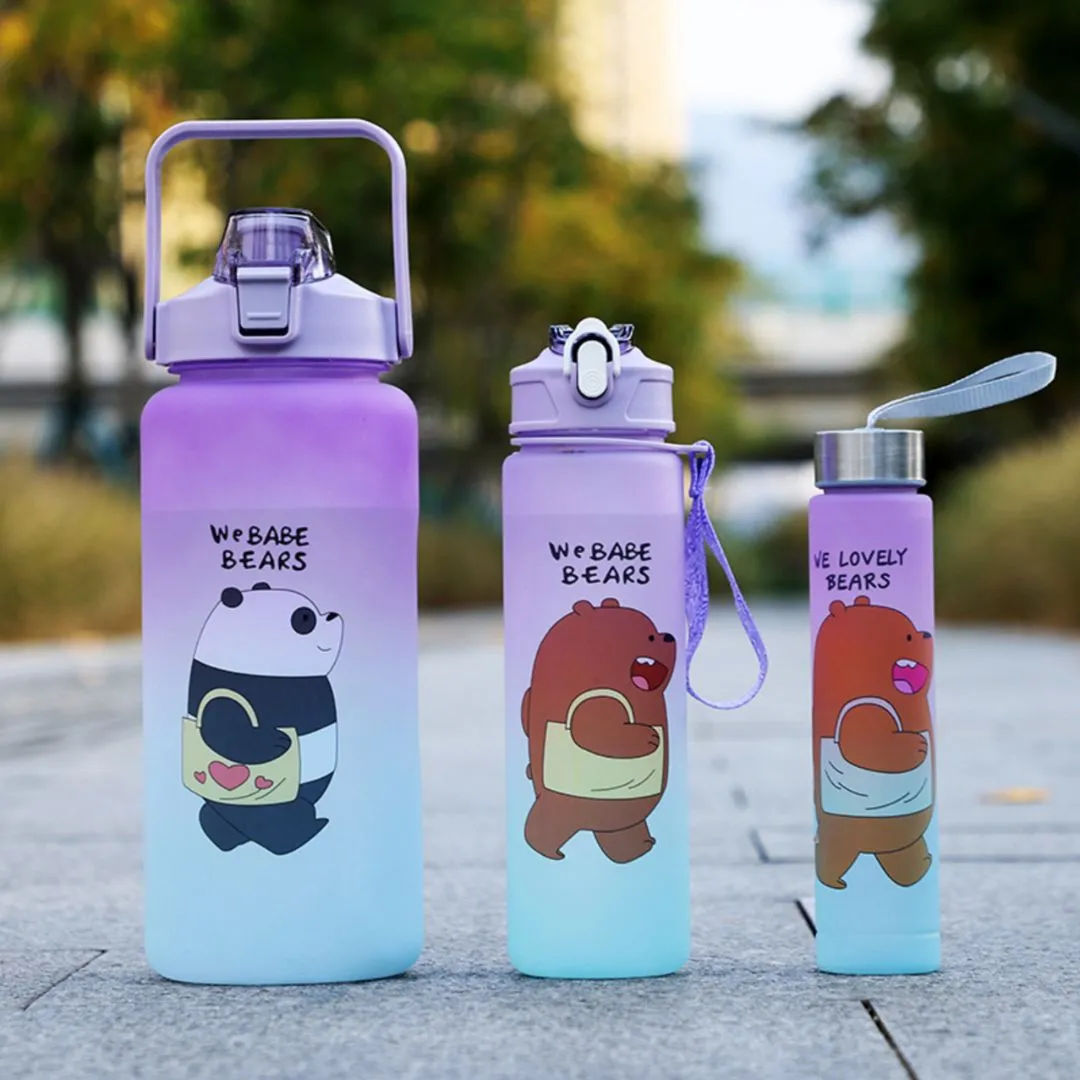 Bare Bear Water Bottle Set | Water Bottles with Straw 3 Pcs, 2000ml 900ml 300ml