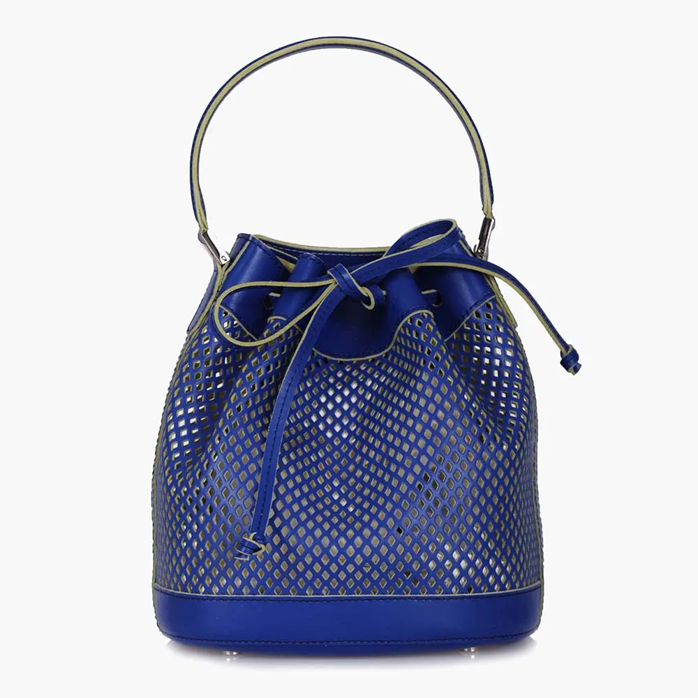 Bella Mini Leather Bucket Bag - Blue Perforated