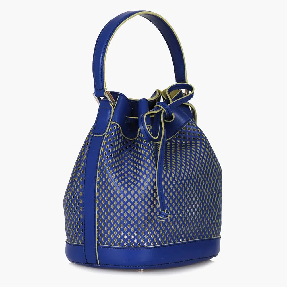 Bella Mini Leather Bucket Bag - Blue Perforated