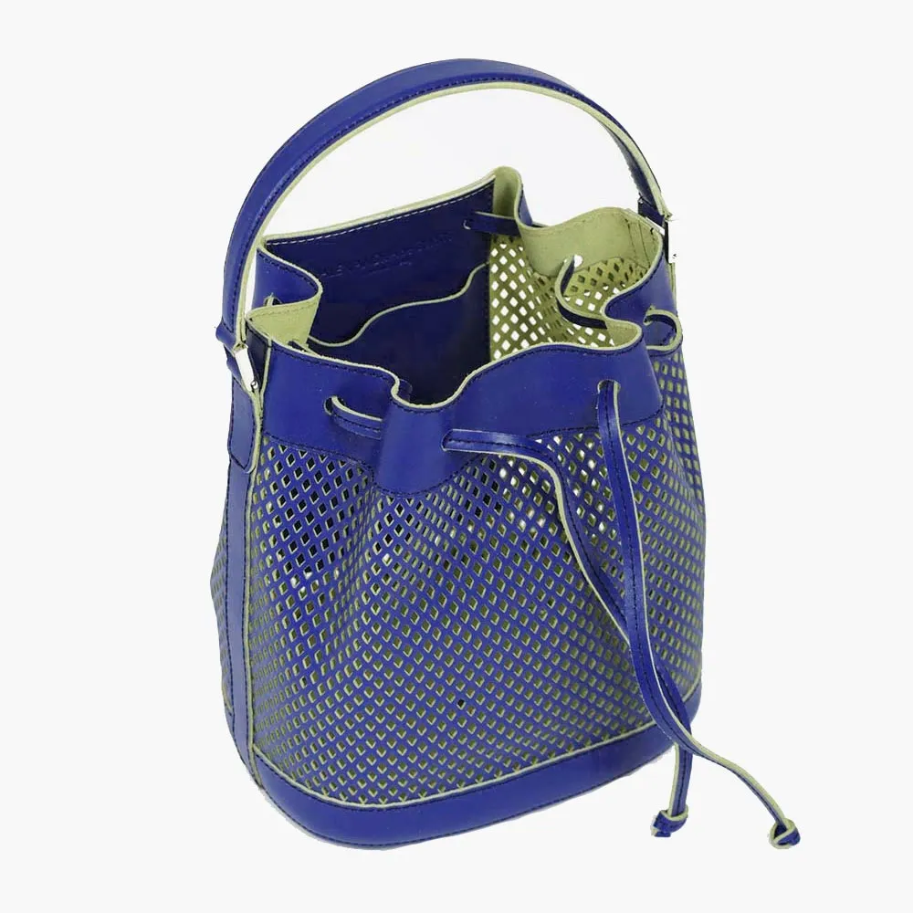 Bella Mini Leather Bucket Bag - Blue Perforated