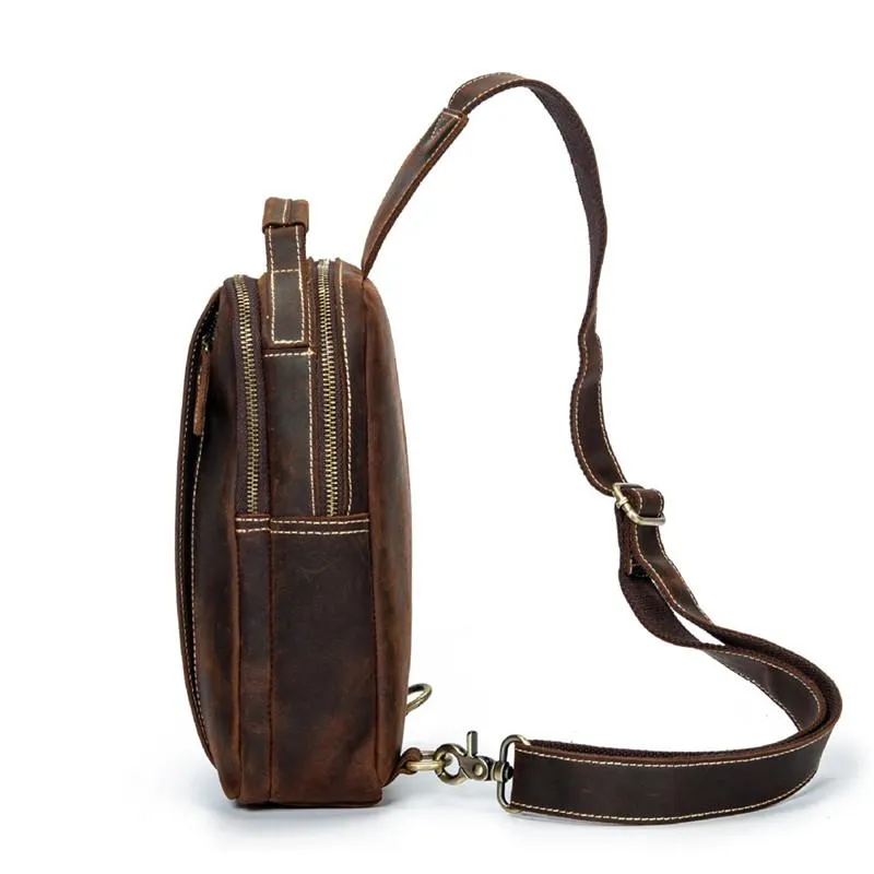 Best Brown Distressed LEATHER MENS Sling Bag One Shoulder Backpack Top Chest Bag For Men